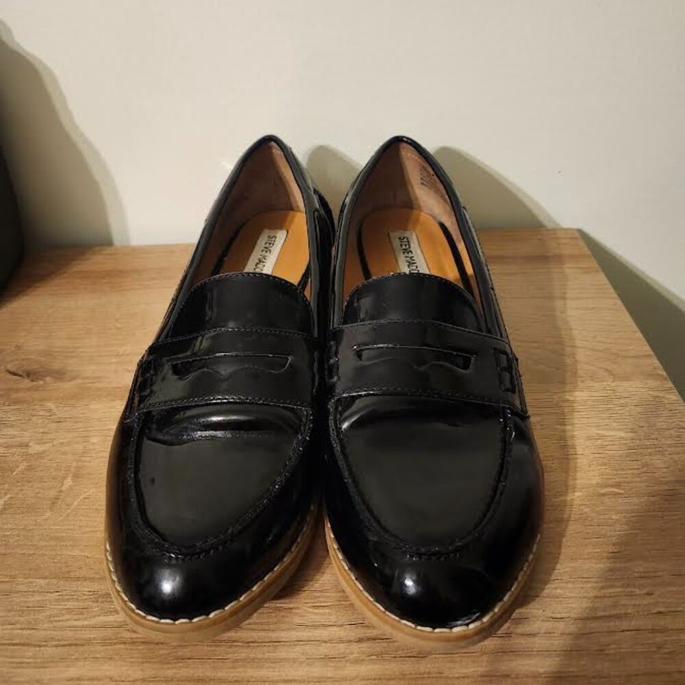Steve Madden Patent Leather Penny Loafers Black Mellany Shiny Stacked Heel
